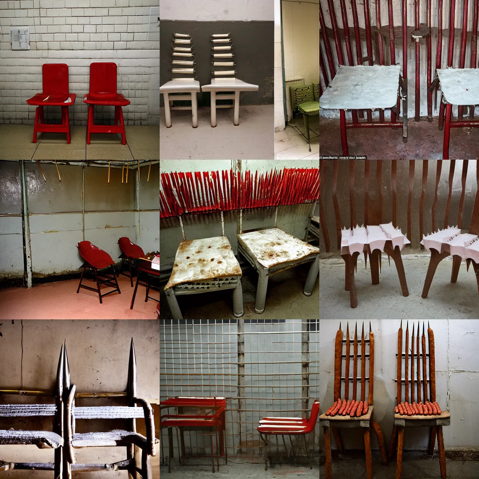 Prompt: two chairs at russian prison, left chair made of sharp spikes, another chair made of sausages, photo