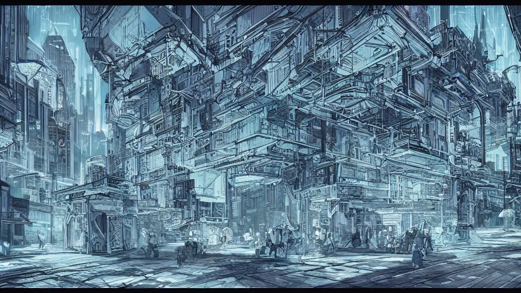 Prompt: full page scan of 1400s detailed concept art, cyberpunk, mathematics and geometry, architecture, sewage system, urban section, floor plan, architectural section, post apocalyptic, desaturated, neon blue, 8K matte, good lighting, concept in the style of blame! manga