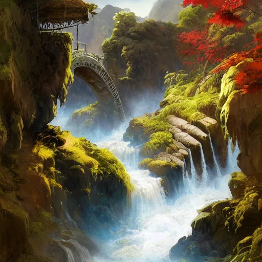 Prompt: A beautiful digital painting stone footbridge, waterfall, lovely valley by Stanley Artgerm Lau, frank frazetta, Rossdraws, James Jean, gerald brom, Andrei Riabovitchev, Marc Simonetti, and Sakimichan, trending on artstation