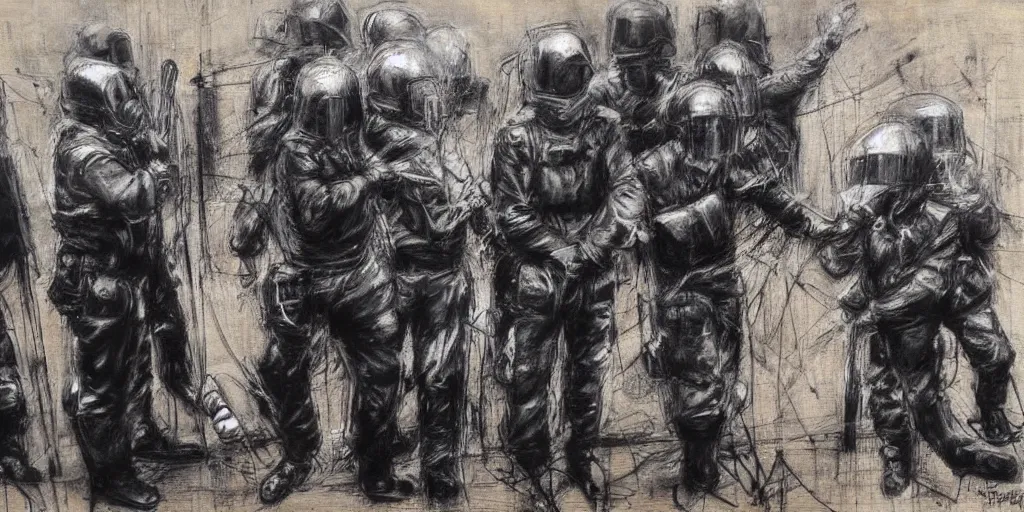 Prompt: protesters against police by Guy Denning