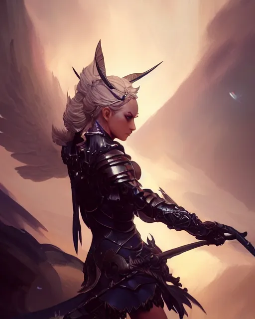Image similar to 3 / 4 view of a valkyrie, pixie character, genshin impact, fantasy magic, dark light night, intricate, elegant, sharp focus, illustration, highly detailed, concept art, matte, art by wlop and artgerm and greg rutkowski, anime, trending on artstation