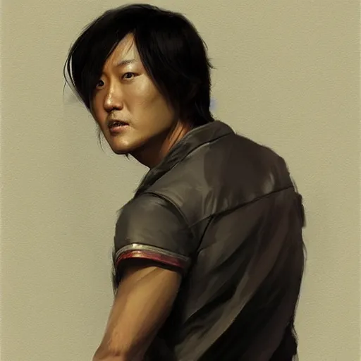 Image similar to “Portrait of Sung Kang by Greg Rutkowski, young, attractive, highly detailed portrait, scifi, digital painting, artstation, concept art, smooth, sharp foccus ilustration, Artstation HQ”