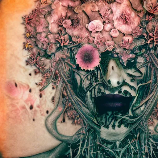 Image similar to a beautiful detailed front view portrait of a rotten woman corpse with fractal plants and fractal flowers growing around, volumetric light, beautiful lit, polaroid photography