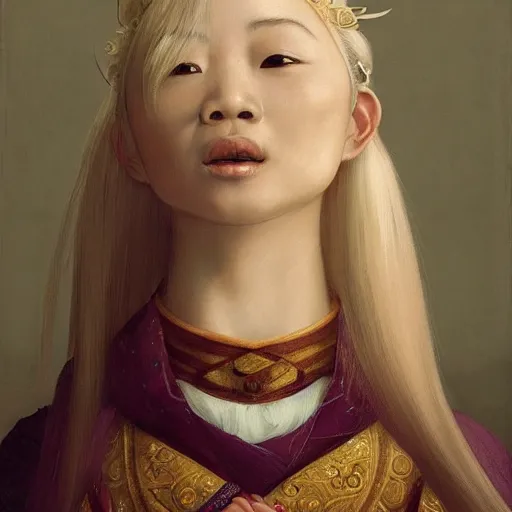 Prompt: a totally amazed smiling pretty asian girl with blonde hair, fully covering intricate detailed outfit, long loose blonde hair, precise linework, accurate brown eyes, small nose, beautiful smooth oval head, expressive emotions, hyper realistic ultrafine portrait by artemisia gentileschi, jessica rossier, greg rutkowski, artgerm