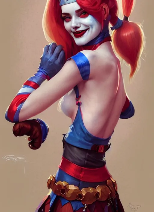 Image similar to harley quinn as a gnome queen, girl, masterpiece, intricate, elegant, highly detailed, my rendition, digital painting, artstation, concept art, smooth, sharp focus, illustration, art by artgerm and greg rutkowski and alphonse mucha and uang guangjian and gil elvgren and sachin teng, symmetry!!