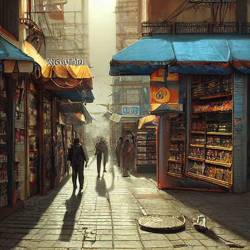 Prompt: A fantasycore photograph of a convenience store with photograph of 2099 portugal lisbon on the street of a very highly detailed eldritch city digital rational painting art by Greg Rutkowski, sci-fi highly detailed, digital concept art, Dimensional cyan gold natural light, sharp focus, realistic concept art by Eta Cru and James Gurney and Donato Giancola, Developed 120mm Film