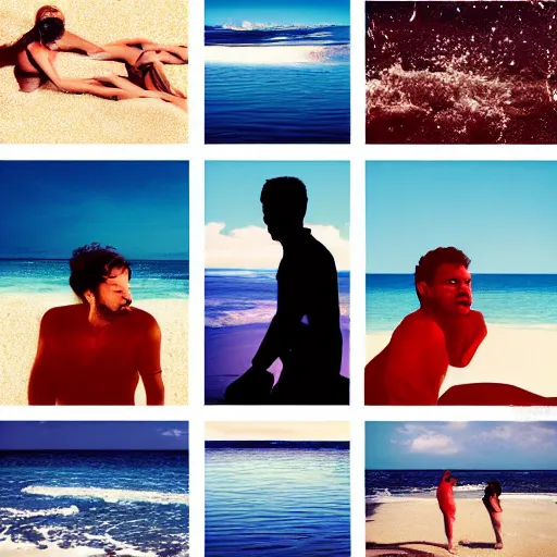 Prompt: a group of people at the beach, crossfade, expressive, photoshop, album cover art