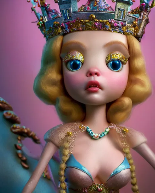Image similar to highly detailed closeup, face profile portrait of a tin toy fairytale princess wearing a crown eating cakes, bikini, unreal engine, nicoletta ceccoli, mark ryden, earl norem, lostfish, global illumination, detailed and intricate environment