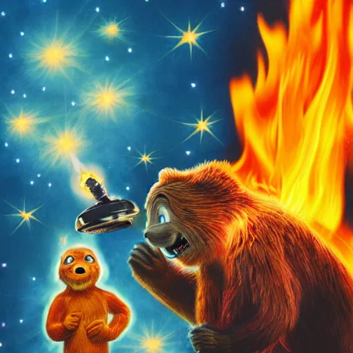 Prompt: UHD candid photo of Cosmic Cornholio torching Smokey The Bear on fire, UHD, photorealistic, correct face, photo by Annie Leibowitz