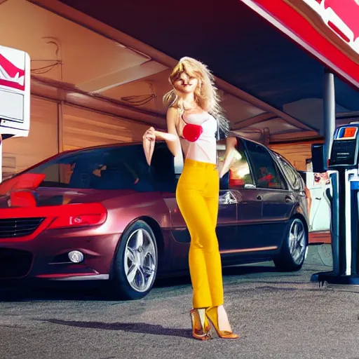 Image similar to petrol station expensive fuel blonde woman nice car cartoon style sunny weather wide shot surprised expression decent clothes valvoline gas