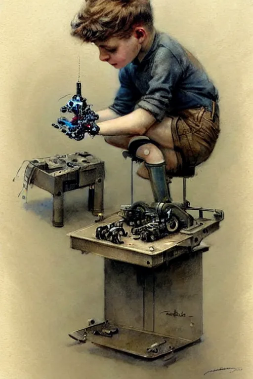 Image similar to (((((1950s a boy working on his robot . muted colors.))))) by Jean-Baptiste Monge !!!!!!!!!!!!!!!!!!!!!!!!!!!