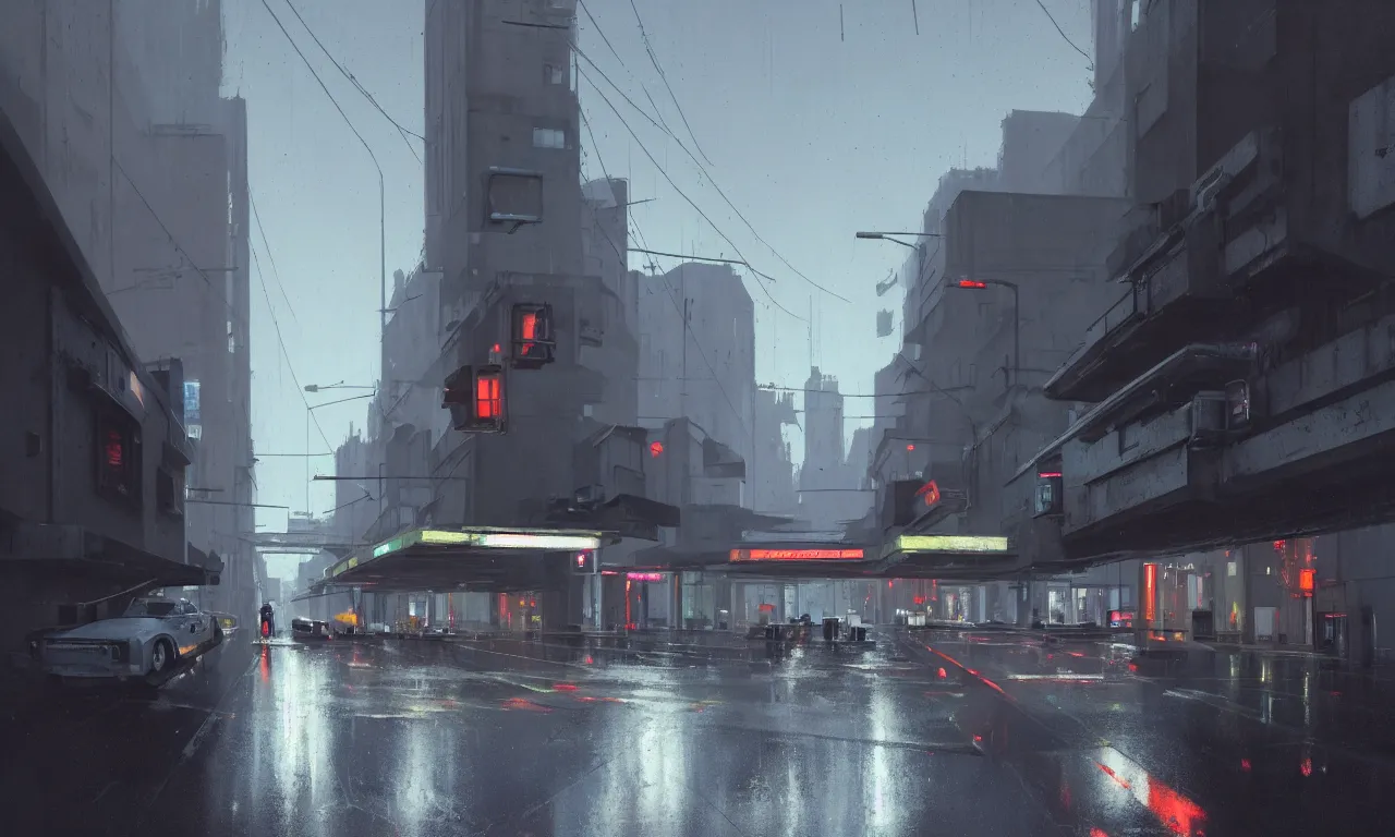 Prompt: photorealistic streetscape, simple brutalist architecture, metal, concrete, wet streets, white neon lights, neon signs, flying vehicles, pedestrians, greg rutkowski, syd mead, ralph mcquarrie, concept art, matte painting, finely detailed, minimal artifacts, rule of thirds, dynamic lighting, cinematic, denoised, centered, artstation