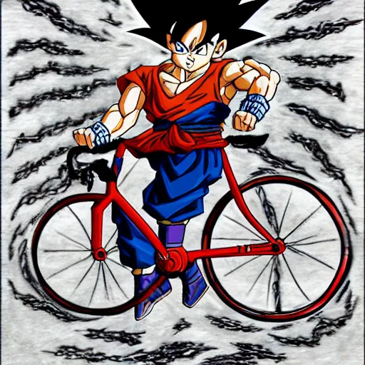 Prompt: Goku riding a bike made of lightning