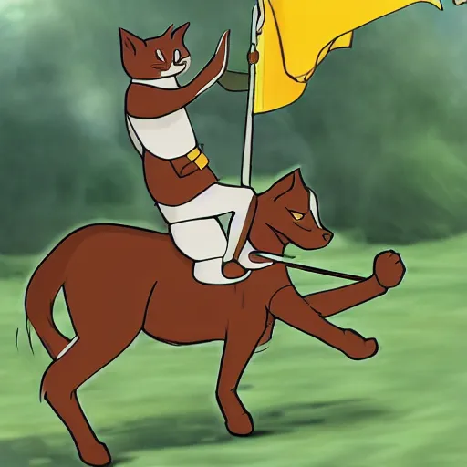 Prompt: a warrior cat carrying his battle flag while riding a large steed cat that is galloping into battle