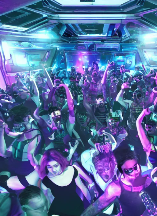 Prompt: a group of degenerates raving in a space station, octane render