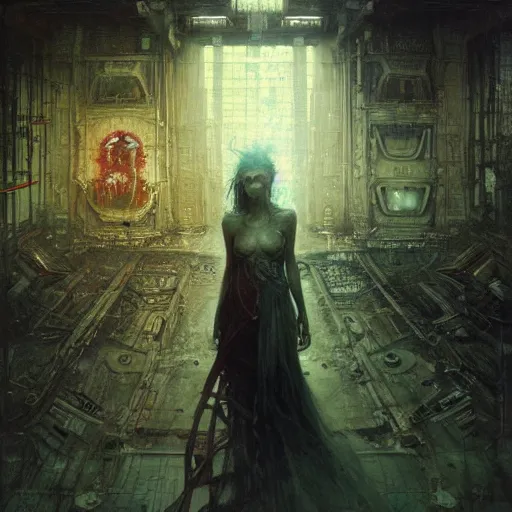 Image similar to cyberpunk dreaming by gustave dore and gustave moreau and beksinski and giger and craig mullins and jeremy mann