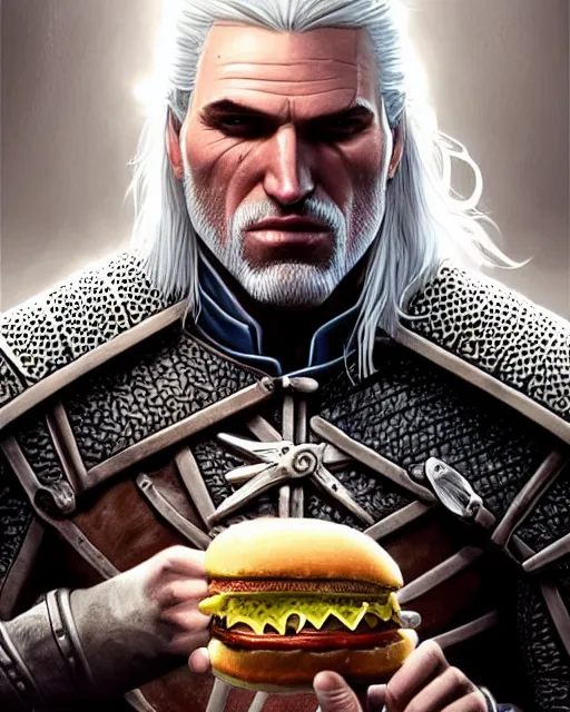 Prompt: portrait of geralt of rivia eating a hamburger, fantasy, intricate, elegant, highly detailed, digital painting, artstation, concept art, smooth, sharp focus, illustration, by artgerm and greg rutkowski