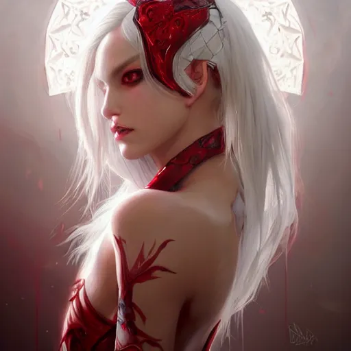 Image similar to ultra realistic illustration, dream humanoid demon girl with white hair, red horns, in white clothes, red eyes, intricate, elegant, highly detailed, digital painting, artstation, concept art, smooth, sharp focus, illustration, art by artgerm and greg rutkowski and alphonse mucha