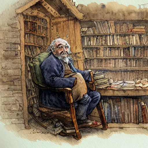 Image similar to a muted color watercolor sketch of a old man sitting in big chair next of a fireplace in his hobbit house living room surrounded by stacks of books from story book character ifrom the book Baltimore & Redingote by Jean-Baptiste Monge of an old man in the style of by Jean-Baptiste Monge that looks like its by Jean-Baptiste Monge and refencing Jean-Baptiste Monge