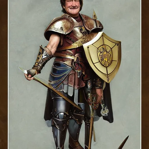 Image similar to an ultradetailed portrait of robin williams dressed as a fantasy holy paladin, carrying a large tower shield, d & d, fantasy, intricate, elegant, highly detailed, digital painting, matte, sharp focus, illustration, plate armor, god rays, art by john collier and albert aublet and krenz cushart and artem demura and alphonse mucha