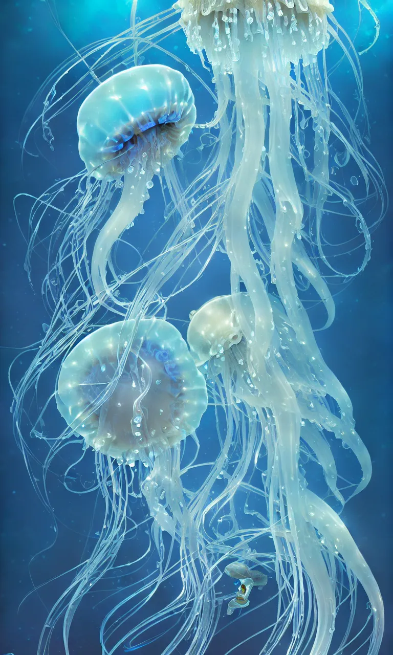 Image similar to detailed jellyfish, blue tones, underwater, full frame, highly detailed, digital painting, artstation, concept art, smooth, sharp focus, illustration, art greg rutkowski and alphonse mucha