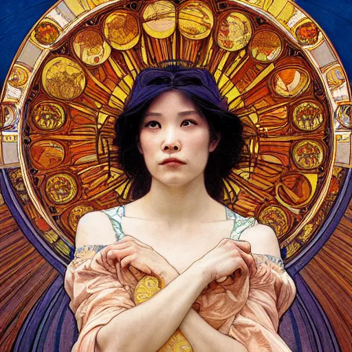 Prompt: detailed portrait art nouveau painting of Ashley Liao as the goddess of the sun, with anxious, piercing eyes, by Alphonse Mucha, Michael Whelan, William Adolphe Bouguereau, John Williams Waterhouse, and Donato Giancola