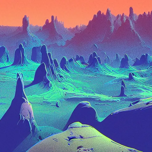 Prompt: A beautiful landscape, by Moebius and Beeple, chromostereopsis