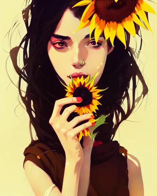 Image similar to a ultradetailed beautiful panting of a stylish woman holding a sunflower, by conrad roset, greg rutkowski and makoto shinkai, trending on artstation