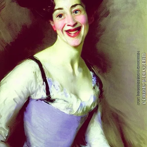 Prompt: portrait of a woman so happy, her face hurts, by john singer sargent
