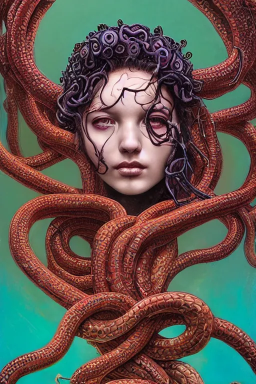 Image similar to Beautiful medusa woman sitting covered in snakes,full character, melting ,8k,by tristan eaton,Stanley Artgermm,Tom Bagshaw,Greg Rutkowski,Carne Griffiths, Ayami Kojima, Beksinski, Giger,trending on DeviantArt,face enhance,hyper detailed,minimalist,horror, android, full of colour