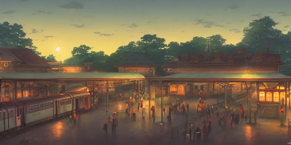 Image similar to at a train station, evening, detailed matte painting, low angle view, telephoto lens, bokeh, studio ghibli, artstation