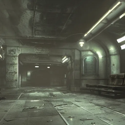 Prompt: fallout concept art subway interior render grim realistic lighting unreal engine 5