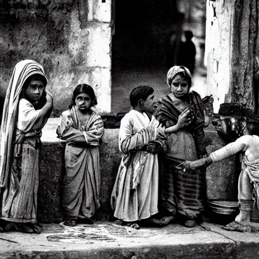 Image similar to poor children beg for money from nobles at the bazar. ancient roman times. cinematic, old photo