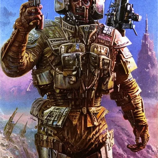 Prompt: schwarzenegger in armored suit and weapons, art by bruce pennington