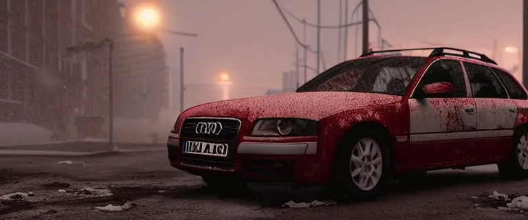 Image similar to Audi A4 B6 Avant (2002), a gritty neo-noir, dramatic lighting, cinematic, eerie person, death, homicide, homicide in the snow, viscera splattered, gunshots, bullet holes, establishing shot, extremely high detail, cracked windows, photorealistic, arson, cinematic lighting, artstation, by simon stalenhag, Max Payne (PC) (2001) winter New York at night, In the style of Max Payne 1 graphic novel, flashing lights, Poets of the Fall - Late Goodbye