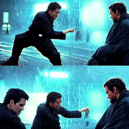 Image similar to the iconic fight between smith and neo in the rain, only instead of smith the are all obi wan kenobi clones