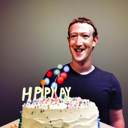 Image similar to mark zuckerberg wishing a happy bearded man happy birthday from inside the computer screen, confetti, cake, balloons