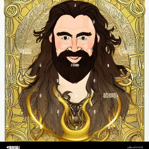 Image similar to art nouveau portrait of tom kenny as a dwarven barbarian with full luscious groomed beard, long flowing hair, a cheeky smile, gold filigree, mucha