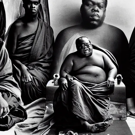 Image similar to in this detailed photography from Annie Leibovitz we can see the Notorious BIG, a buddhist monk who turned into the new Dalai Lama