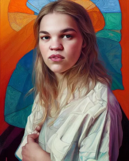 Prompt: portrait of Tove Styrke by Mandy Jurgens and Richard Schmid and chuck close and mucha