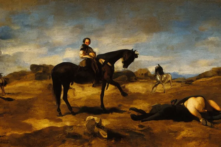 Prompt: a horse laying on the ground, swords in the bare terrain by velasquez, dark tones, oil painting 4 k