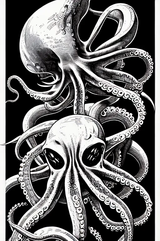 Image similar to side view of an octopus sitting on pile of skulls, high details, bold line art, by vincent di fate and joe fenton, inking, etching, screen print, masterpiece, trending on artstation, sharp, high contrast, hyper - detailed, hd, 4 k, 8 k