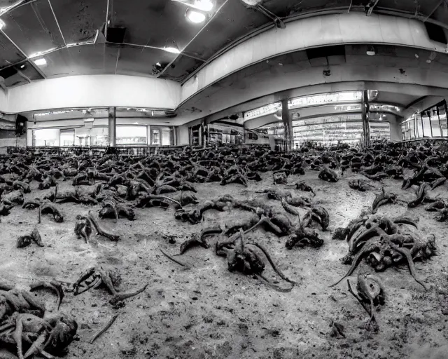 Image similar to camera footage of a Hundreds of Rabid Zerglings in an abandoned shopping mall, high exposure, dark, monochrome, camera, Unreal engine 5, grainy, CCTV, security camera footage, timestamp, zoomed in, fish-eye lens, Evil, Zerg, Brood, spider, horrifying, lunging at camera :4