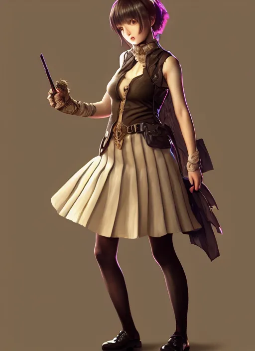 Image similar to portrait of a full body of beautiful young female detective, d & d, sleeveless turtleneck, pleated skirt, fantasy, flat lighting, intricate, highly detailed, digital painting, artstation, concept art, smooth, sharp focus, illustration, misa amane, art by simon bisley and greg rutkowski and alphonse mucha, natural tpose