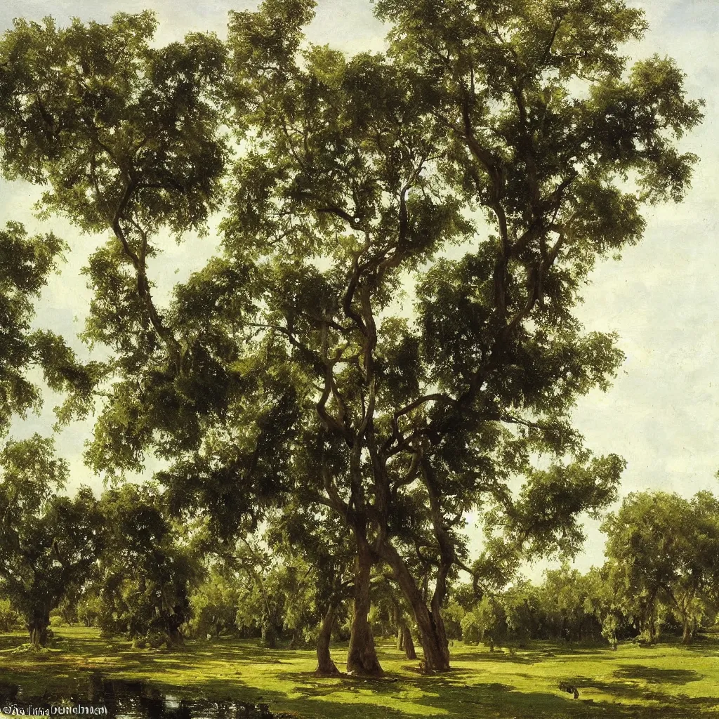 Prompt: banyan trees by the pond, a swing hangs from the tree, oil on the canvas, summer day, by ivan ivanovich shishkin