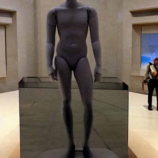 Image similar to “ a realistic detailed photo of a guy who is an attractive humanoid who is half robot and half humanoid, who is a male android, actor liam hemsworth, shiny skin, posing like a statue, blank stare, at the museum, on display ”