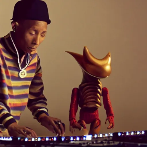 Image similar to cinematic film still of Pharrell Williams Making A Beat with an anthropomorphic alien, Japanese VFX, 2018, 400mm lens, f1.8, shallow depth of field,film photography