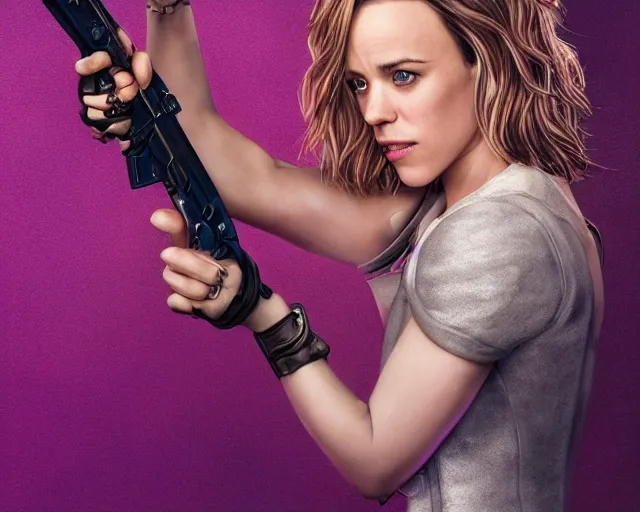 Prompt: Rachel McAdams in heroic pose with weapon, cinematic, 4k, hyper realistic, super detailed, colorful accents, purple hair, golden ratio, symmetrical face, highly detailed professional photo, centered, rim lights, vray caustics, hyper realistic