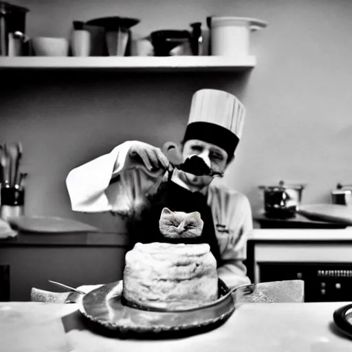 Prompt: a chef cat baking a cake 8 mm creepy photography lomo