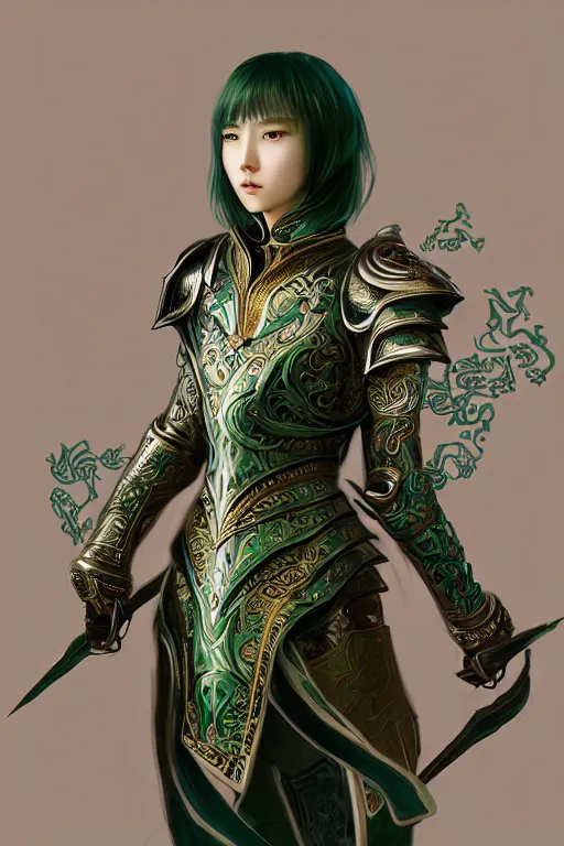 Prompt: portrait young knights of Dynasty Warriors girl, metallic green armor, in ruined hǔ láo guān, ssci-fi and fantasy, intricate and very beautiful and elegant, highly detailed, digital painting, artstation, concept art, smooth and sharp focus, illustration, art by tian zi and WLOP and alphonse mucha